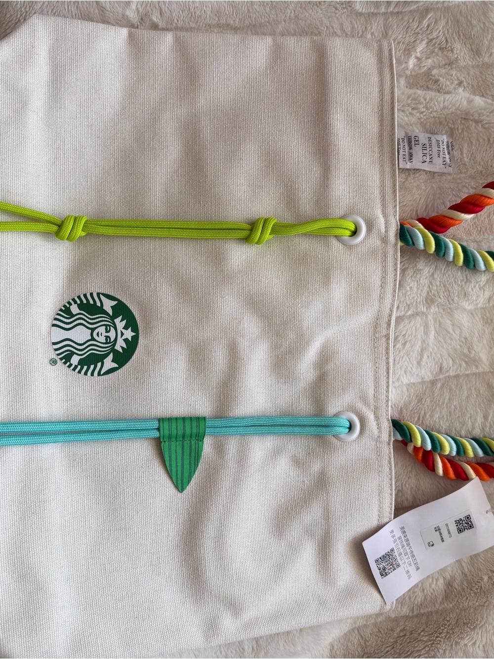 Starbucks White Canvas Tote with Rainbow Rope Handles and Turquoise Drawcord - Picture 4 of 11